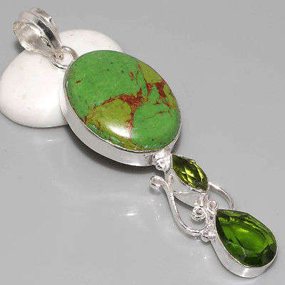 EXCEPTIONAL GREEN COPPER TURQUOISE, PERIDOT GREEN QUARTZ NATURAL GEMSTONE 925 SILVER PENDANT 3"