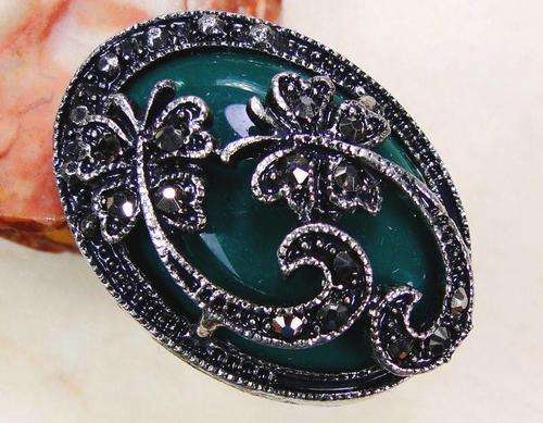 EXQUISITE BUTTERFLY MARCASITE WITH GREEN ONYX NATURAL GEMSTONE 925 SILVER RING #8