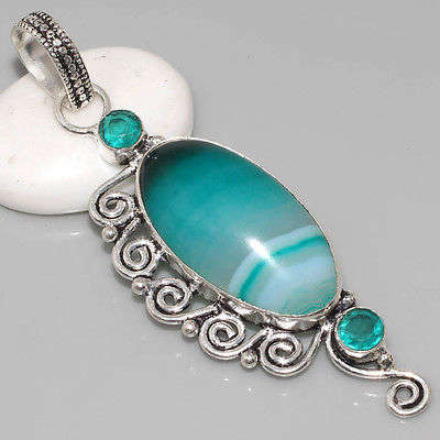 SUPERIOR LACE ONYX, INDICOLITE TOURMALINE QUARTZ NATURAL GEMSTONE 925 SILVER PENDANT 2.75"