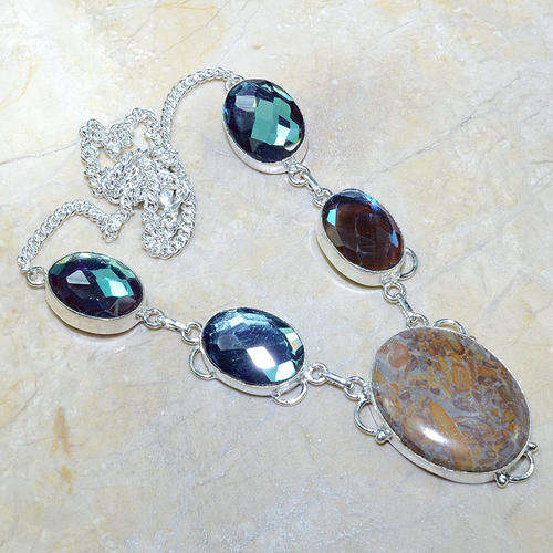 JASPER & CHECKERBOARD CUT BLACK MYSTIC TOPAZ NATURAL GEMSTONE 925 SILVER NECKLACE 21"