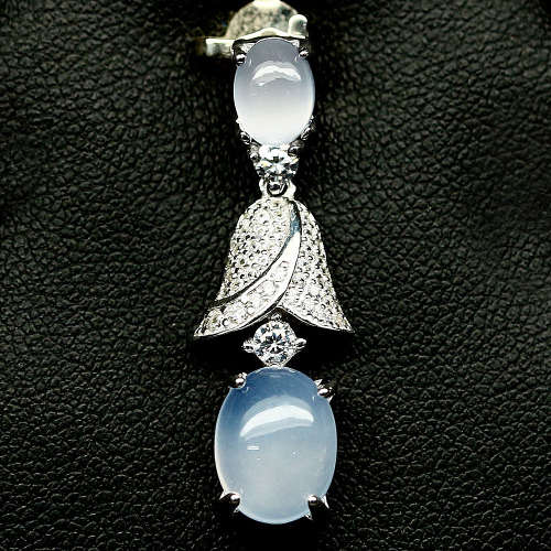 Enchanting 100% Natural LAVENDER BLUE CHALCEDONY & CZ,925 Sterling Silver,White Gold Overlay Pendant