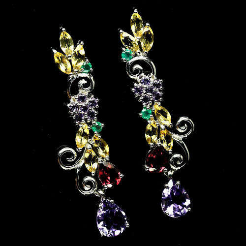 Phenomenal 100% Natural Mixed Gems INCL. RARE UMBA GARNET 925 Silver, White Gold Overlay Earrings