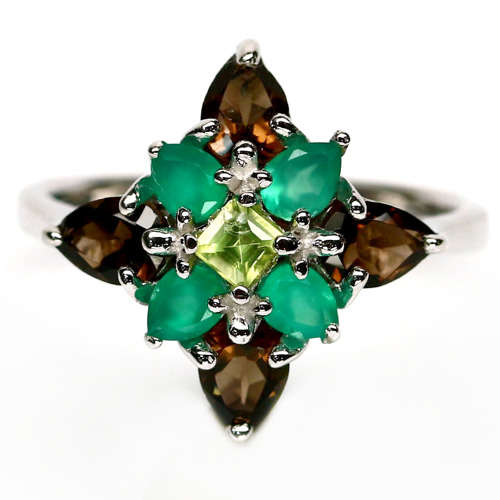 100% Natural Peridot, Green Onyx, Smoky Quartz 925 Sterling Silver, White Gold Overlay Ring #8.5