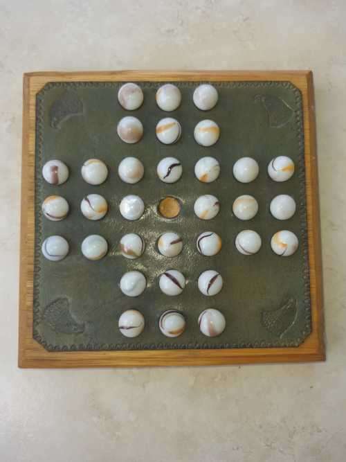 Rare Find!!! Leather (with embossed corners) wood and marble Chinese Checkers