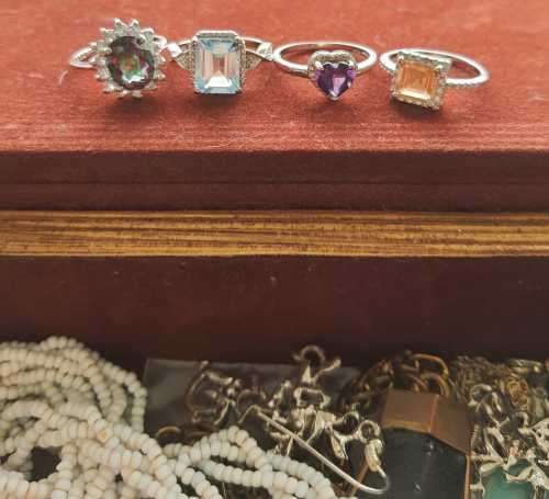 Vintage Book Jewelry Box - Renaissance Style - 5 Solid 925 Rings with Natural Gems and Other Jewelry