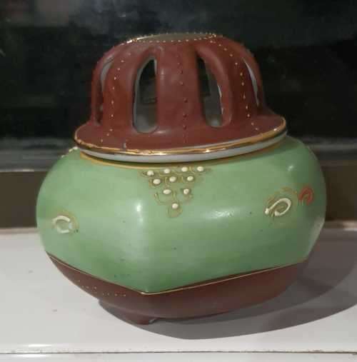 Impressive Vintage Oriental Hand Painted Incense Burner Pot with Lid - Marked