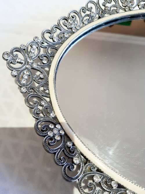 Exquisite Footed Dressing Table Vanity Tray with Mirror & Marcasite Style Edge