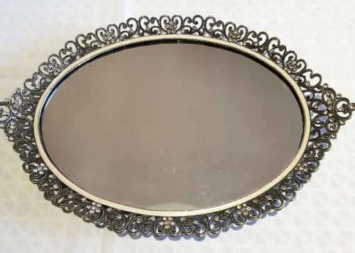 Exquisite Footed Dressing Table Vanity Tray with Mirror & Marcasite Style Edge