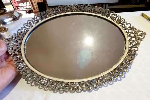 Exquisite Footed Dressing Table Vanity Tray with Mirror & Marcasite Style Edge