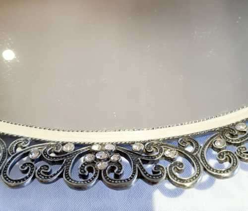 Exquisite Footed Dressing Table Vanity Tray with Mirror & Marcasite Style Edge