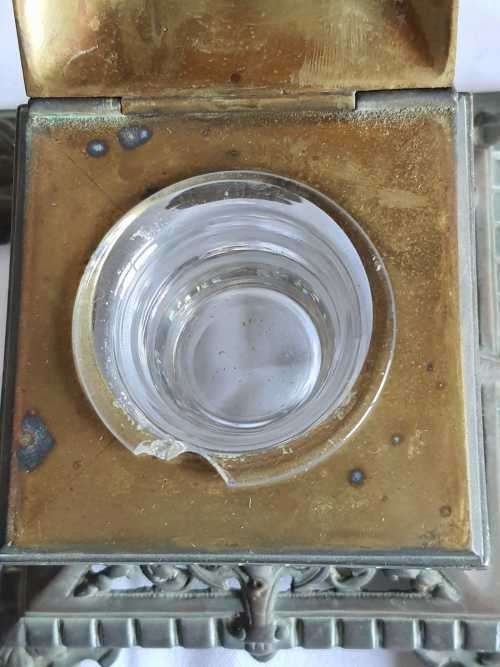 Highly Detailed Late Victorian Brass Inkwell c.1880 with the Original Glass Ink Pot