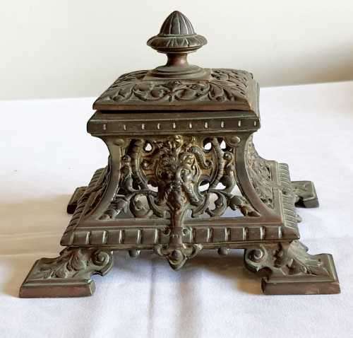 Highly Detailed Late Victorian Brass Inkwell c.1880 with the Original Glass Ink Pot