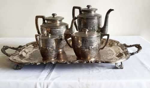 Phenomenal Sheffield S/P Tea & Coffee Set with 3.2kg Footed Tray - Needs some Elbow Grease