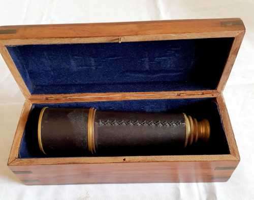 Extending Brass & Leather Telescope in Brass Bound Wooden Box - Marked Ross London