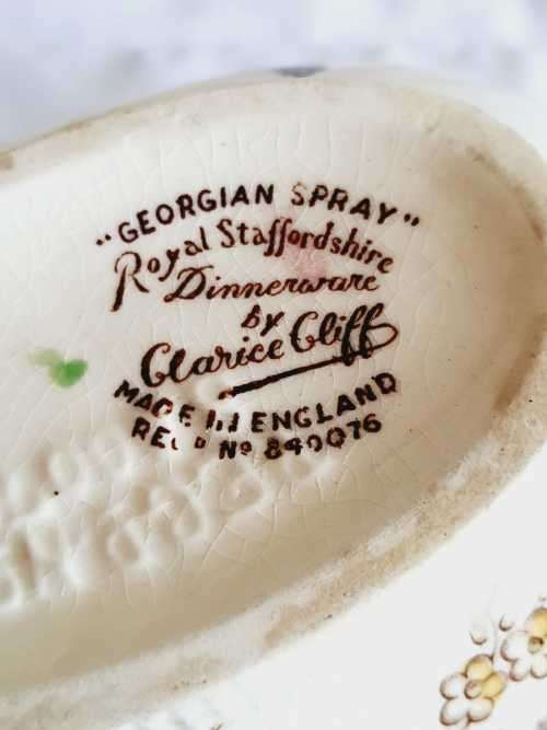 Vintage Clarice Cliff Georgian Spray Pattern Gravy Boat and Drip Plate - Marked