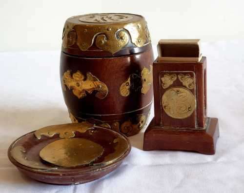 Exceptional Solid Wood and Brass Smoker Set