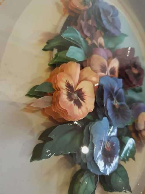 Vibrant Boxed 3D Porcelain Pansies - Hand Crafted - Frame is Wood with Pansies - Marked