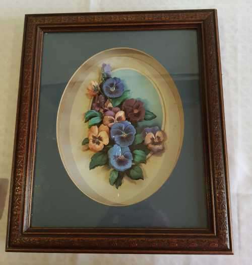 Vibrant Boxed 3D Porcelain Pansies - Hand Crafted - Frame is Wood with Pansies - Marked