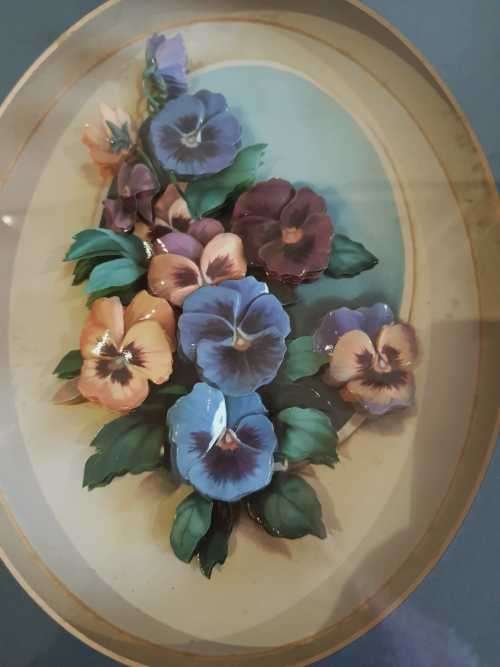 Vibrant Boxed 3D Porcelain Pansies - Hand Crafted - Frame is Wood with Pansies - Marked