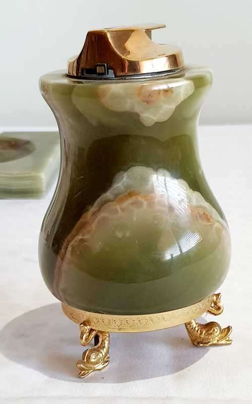 Rare Solid Heavy Marble Table Lighter with Music Box (working) plus Matching Marble Ashtray