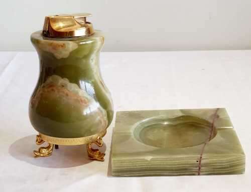 Rare Solid Heavy Marble Table Lighter with Music Box (working) plus Matching Marble Ashtray