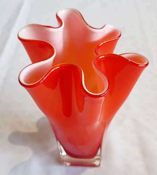 Hand Blown Orange and White Murano 1960's Fazzoletto Vase - VGC - (1)