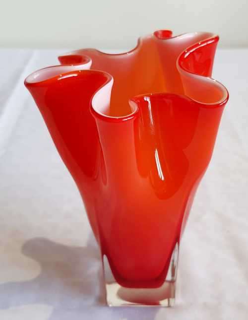 Hand Blown Orange and White Murano 1960's Fazzoletto Vase - VGC - (1)