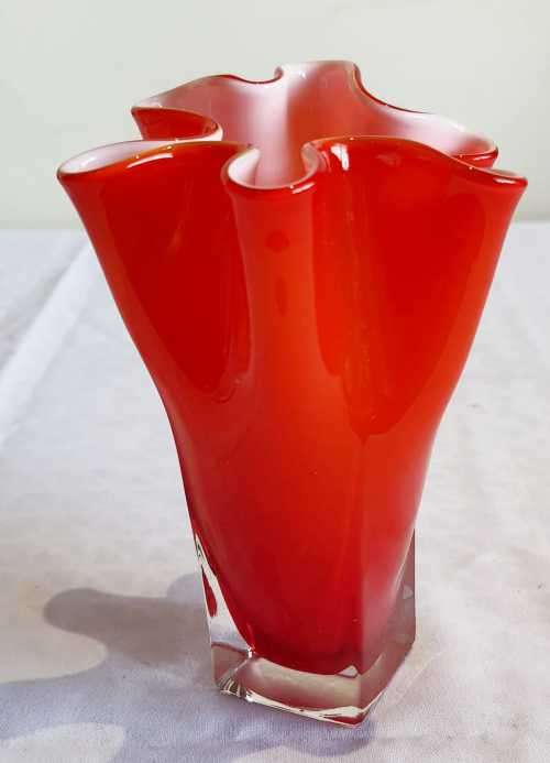 Hand Blown Orange and White Murano 1960's Fazzoletto Vase - VGC - (1)