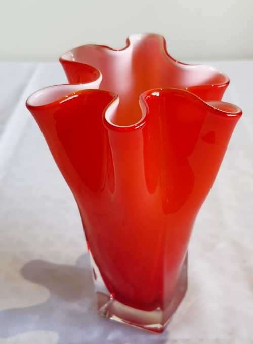 Hand Blown Orange and White Murano 1960's Fazzoletto Vase - VGC - (1)