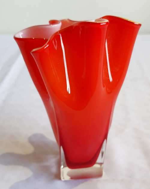 Hand Blown Orange and White Murano 1960's Fazzoletto Vase - VGC - (1)