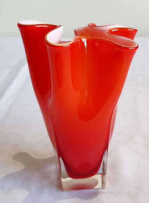 Hand Blown Orange and White Murano 1960's Fazzoletto Vase - VGC - (1)