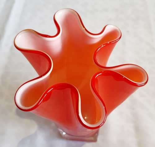 Hand Blown Orange and White Murano 1960's Fazzoletto Vase - VGC - (1)