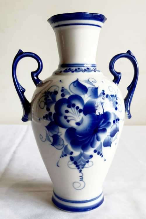Exceptional c.'50s Double Handle Blue and White Gzhel Traditional Russian Porcelain Vase - Marked