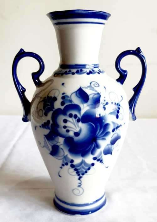 Exceptional c.'50s Double Handle Blue and White Gzhel Traditional Russian Porcelain Vase - Marked
