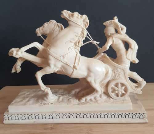 Detailed Large And Heavy A.Santini Sculpture of Horse and Chariot in Full Movement - Marked