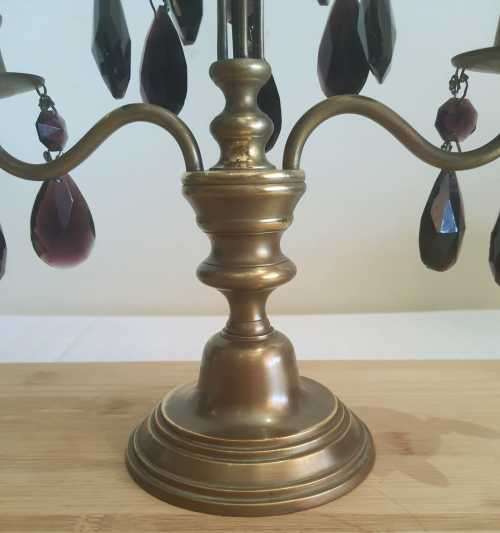 Solid Brass 1.189kg Candelabrum with Faux Amethyst Pendants - NB.Please Read Below