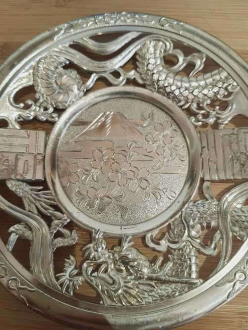 Cobalt Blue Glass Cup in Ornate Sterling Silver Overlaid Cup Holder and Saucer - Marked