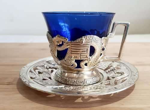 Cobalt Blue Glass Cup in Ornate Sterling Silver Overlaid Cup Holder and Saucer - Marked