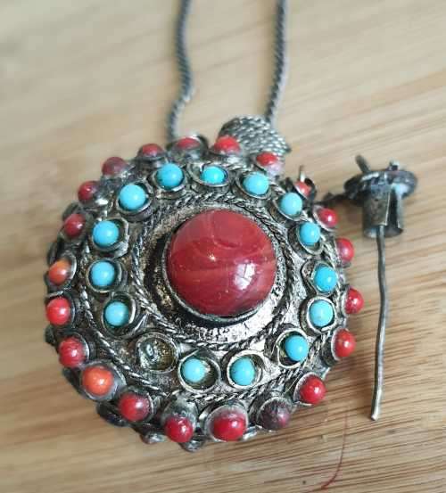 Unusual Vintage Metal, Coral, Turquoise and Carnelian Poison Vial - One Turquoise Stone Missing