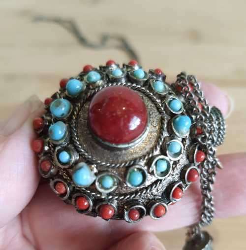 Unusual Vintage Metal, Coral, Turquoise and Carnelian Poison Vial - One Turquoise Stone Missing