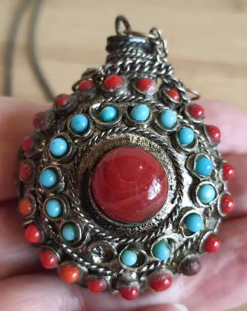 Unusual Vintage Metal, Coral, Turquoise and Carnelian Poison Vial - One Turquoise Stone Missing