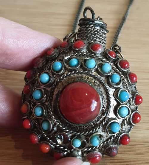 Unusual Vintage Metal, Coral, Turquoise and Carnelian Poison Vial - One Turquoise Stone Missing