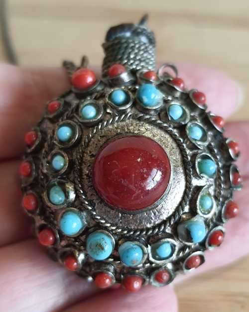 Unusual Vintage Metal, Coral, Turquoise and Carnelian Poison Vial - One Turquoise Stone Missing