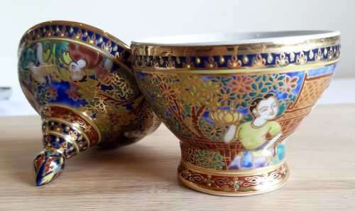 Incredible Hand Painted Thai Benjarong 18ct Gold Trim Porcelain Lidded Bowl - Marked