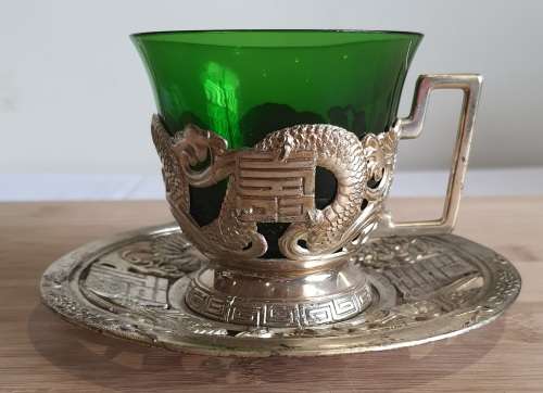 Green Glass Cup in Ornate Sterling Silver Overlaid Cup Holder and Saucer - Marked (2)