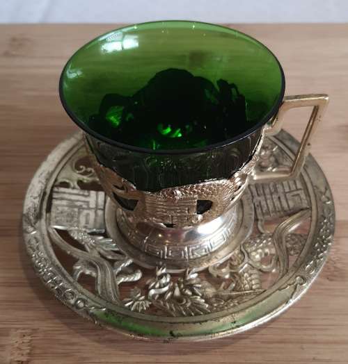 Green Glass Cup in Ornate Sterling Silver Overlaid Cup Holder and Saucer - Marked (2)