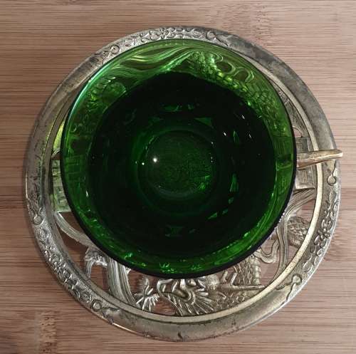 Green Glass Cup in Ornate Sterling Silver Overlaid Cup Holder and Saucer - Marked (2)