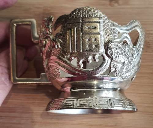 Green Glass Cup in Ornate Sterling Silver Overlaid Cup Holder and Saucer - Marked (2)