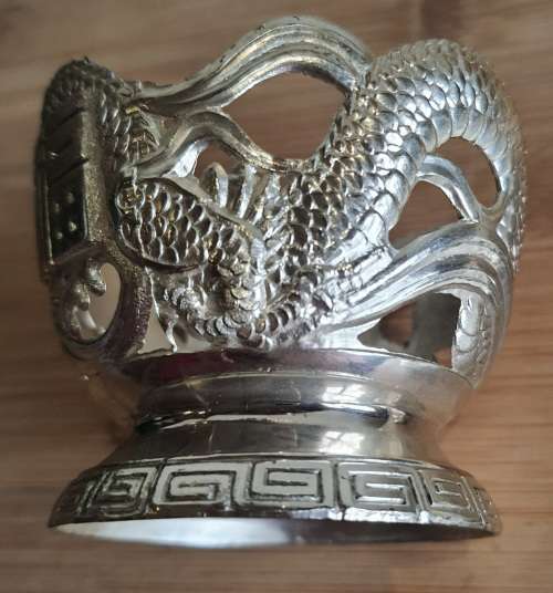 Green Glass Cup in Ornate Sterling Silver Overlaid Cup Holder and Saucer - Marked (2)