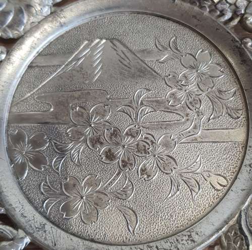 Green Glass Cup in Ornate Sterling Silver Overlaid Cup Holder and Saucer - Marked (2)